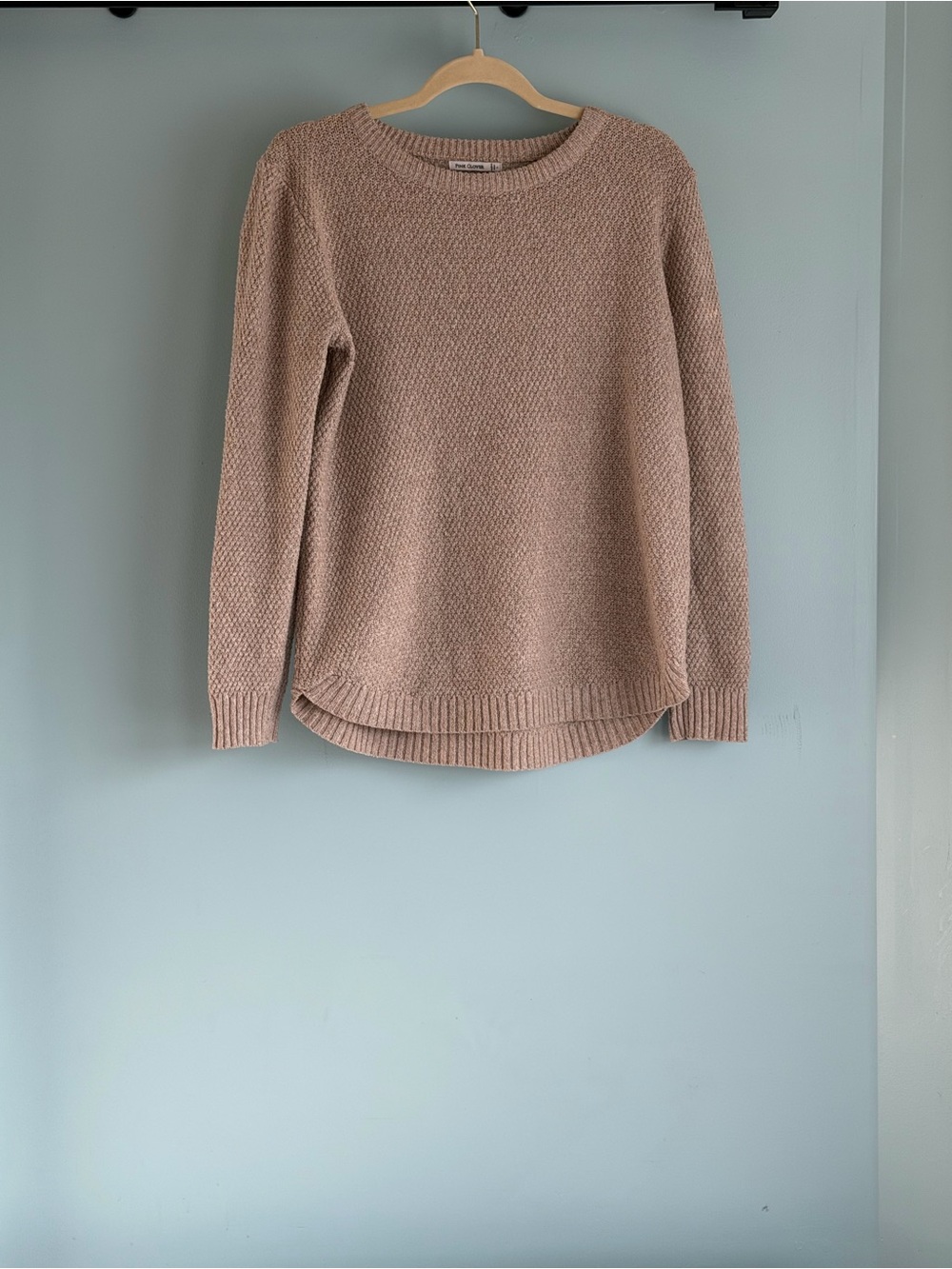 Pink Clover Women’s Large Blush Beige Textured Knit Crewneck Sweater High Low He
